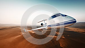 Closeup Photo Modern White Luxury Generic Design Airplane.Private Jet Cruising High Altitude, Flying Over Desert.Empty