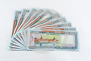 closeup photo of myanmar money, back side, it is called KYAT
