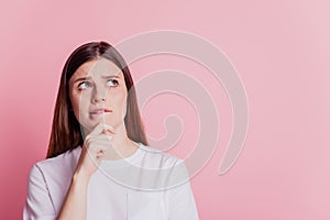 Closeup photo of nervous minded pensive woman look empty space bite lip