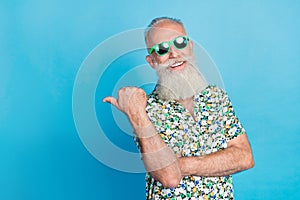 Closeup photo of old gray mustache bearded positive smile finger point empty space advert summer season chill agency