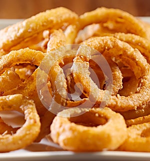 Closeup photo of a pile of onion rings