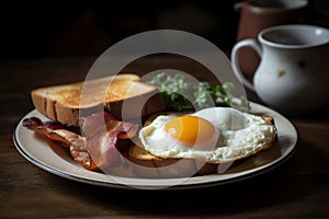 Closeup photo of a plate of bacon, eggs, and toast breakfast AI generated photo
