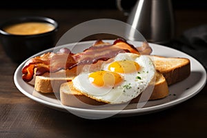 Closeup photo of a plate of bacon, eggs, and toast breakfast AI generated