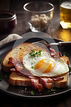 Closeup photo of a plate of bacon, eggs, and toast breakfast AI generated