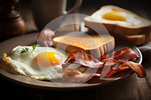 Closeup photo of a plate of bacon, eggs, and toast breakfast AI generated photo