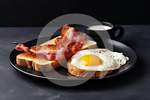 Closeup photo of a plate of bacon, eggs, and toast breakfast AI generated