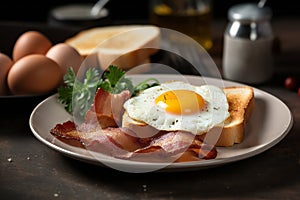 Closeup photo of a plate of bacon, eggs, and toast breakfast AI generated photo