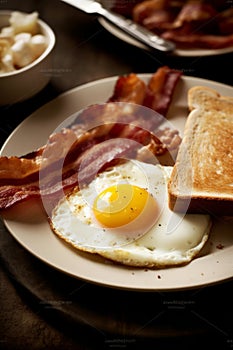 Closeup photo of a plate of bacon, eggs, and toast breakfast AI generated