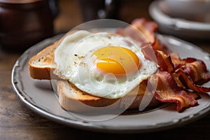 Closeup photo of a plate of bacon, eggs, and toast breakfast AI generated photo