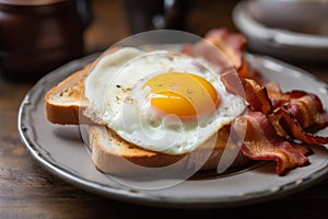 Closeup photo of a plate of bacon, eggs, and toast breakfast AI generated