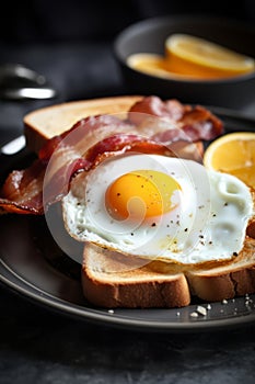 Closeup photo of a plate of bacon, eggs, and toast breakfast AI generated photo