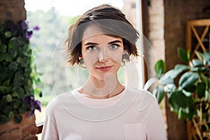 Closeup photo portrait of pretty banker business worker lady posing serious face modern office advertisement building