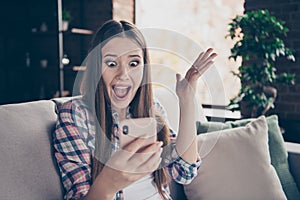 Closeup photo portrait of terrified scared frightened with big staring eyes she her lady in casual plaid checkered