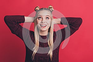 Closeup photo of pretty dreamer lady holding arms behind head watching stars in sky wear burgundy knitted pullover