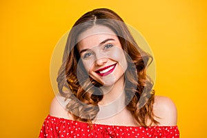 Closeup photo of pretty lady overjoyed look wear red dress with open shoulders isolated yellow bright background