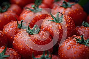 Closeup photo of ripe red tomatoes with water droplets han. Concept Food Photography, Fresh