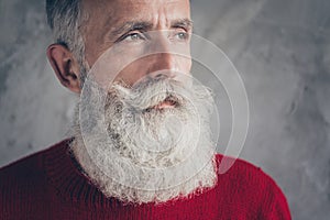 Closeup photo of serious ponder aged business guy looking minded to empty space wear red knitted pullover jumper cool