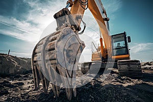 Closeup photo showcasing bucket of excavator at construction worksite