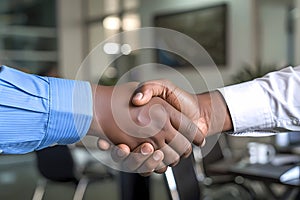 A closeup photo shows two hands shaking in an office setting. One hand is African American and the other is white. Ai