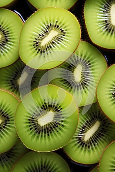 A closeup photo of sliced kiwis in a bowl, in the style of light green and dark emerald photo