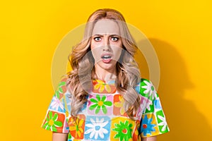 Closeup photo stunned lady open mouth listen bad news stupor wear summer clothes isolated yellow color background