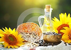 Closeup photo of sunflowers and sunflower oil with seeds on on a wooden table. Bio and organic concept of the product.