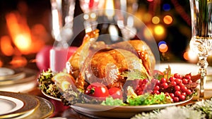 Closeup photo of taasty freshly baked turkey on family Christmas dinner