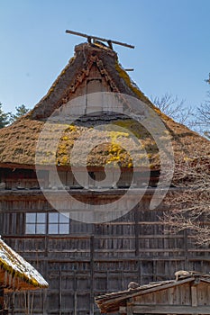 Closeup photo of a traditional thatched roof house and storage sheds
