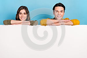 Closeup photo of two smiling people folded arms on big whiteboard empty space new website advert promo code offer