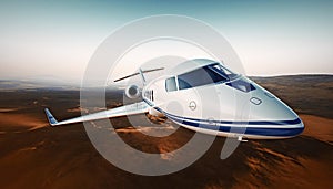 Closeup Photo White Luxury Generic Design Airplane.Private Jet Cruising High Altitude, Flying Over Desert.Empty Blue Sky