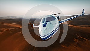 Closeup Photo White Luxury Generic Design Airplane.Private Jet Cruising High Altitude, Flying Over Mountains.Empty Blue