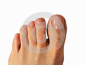 Closeup photo of woman toes with white background