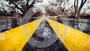 Closeup photo of yellow marking lane on wet asphalt road in forest.