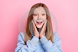 Closeup photo of young funny excited positive girl school learner student touch cheeks reaction face wow shocked