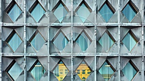 A closeup photograph of a buildings facade with intricate diamondshaped patterns adorning the windows. .
