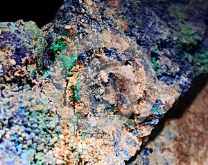 Closeup photograph of malachite and azurite mineral s