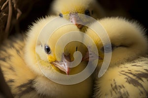 Closeup photograph of one day old chickens