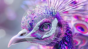 Closeup photograph of a peacocks eye and beak with purple and blue feathers