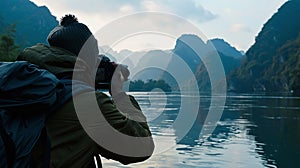 closeup of a photographer snapping mountains and lakes