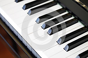 Closeup of piano keys of black piano