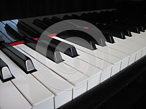Closeup of piano keys, close frontal view