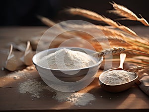 Closeup picture of bowl with whole grain wheat flour on wooden deck and wheat spikelets in the background. Generative AI