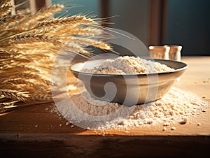 Closeup picture of bowl with whole grain wheat flour on wooden deck and wheat spikelets in the background. Generative AI