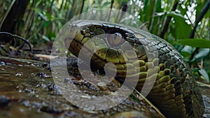 Closeup picture of the Ceylon green pit viper Craspedocephalus trigonocephalus