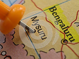 the closeup picture of city mysuru karnataka highlighted in the map