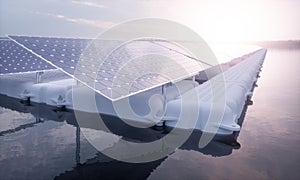 A closeup picture of a floating array of solar panels installed on a white pontoon in a magical purple morning light setting with