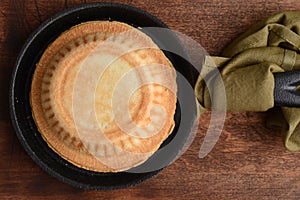 Closeup pie in cast iron skillet