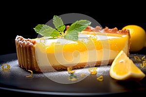 Closeup a piece of lemon tart and lemons on the table with dark background. Generative AI