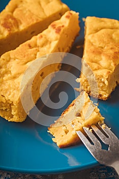 Closeup of a piece of pumpkin pie on a fork photo