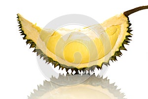 Closeup piece ripe durian monthong in Thailand, isolate on white background with shadow reflect. Fruits Concept